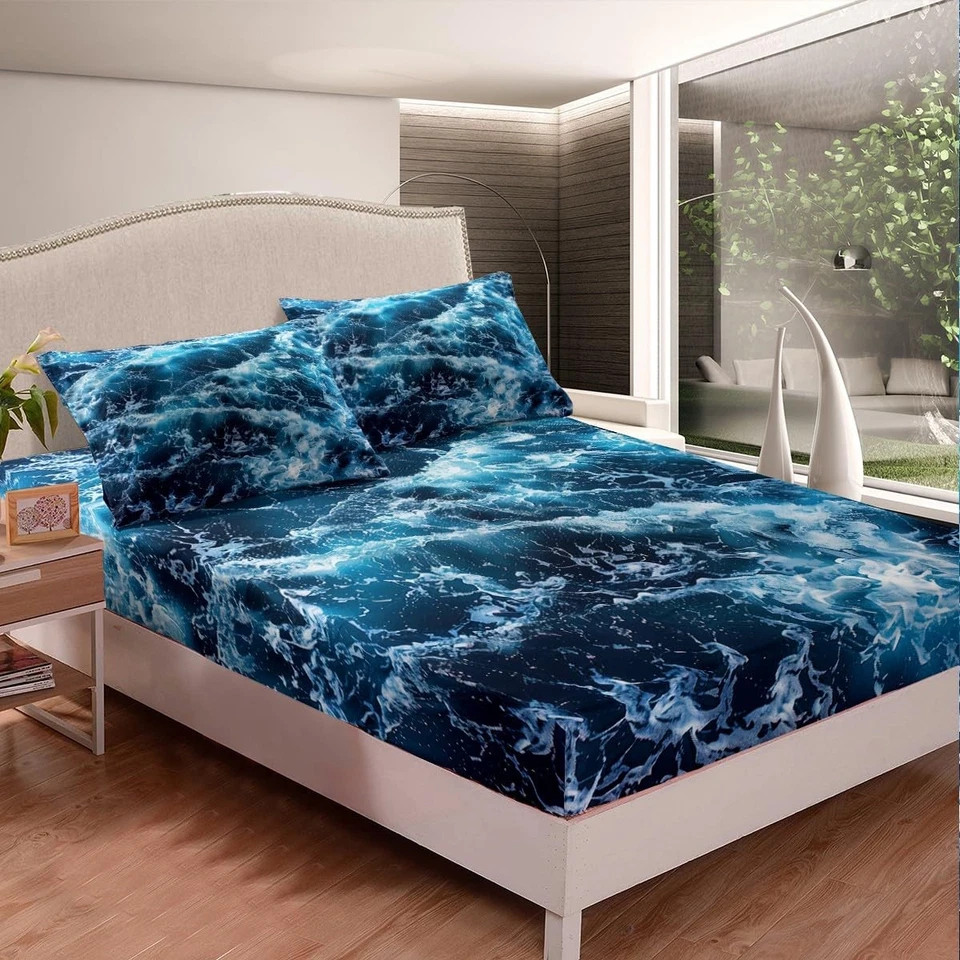 Juego de sábanas Blue Waves Ocean Sea sábanas ajustables tema de verano estampado juego de ropa de cama co... Foto 2 de 4