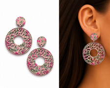 Pink & Green Floral Round Dangle/Drop Butterfly Earrings Acrylic, No Stone