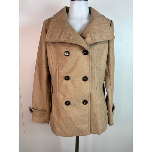 Thread & Supply Pea Coat Large Camel Tan Double Breasted Wool Blend Women