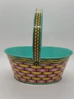 Vtg 50's J Chein Tin Litho Toy Easter Basket Teal Green Pink Yellow Basketweave