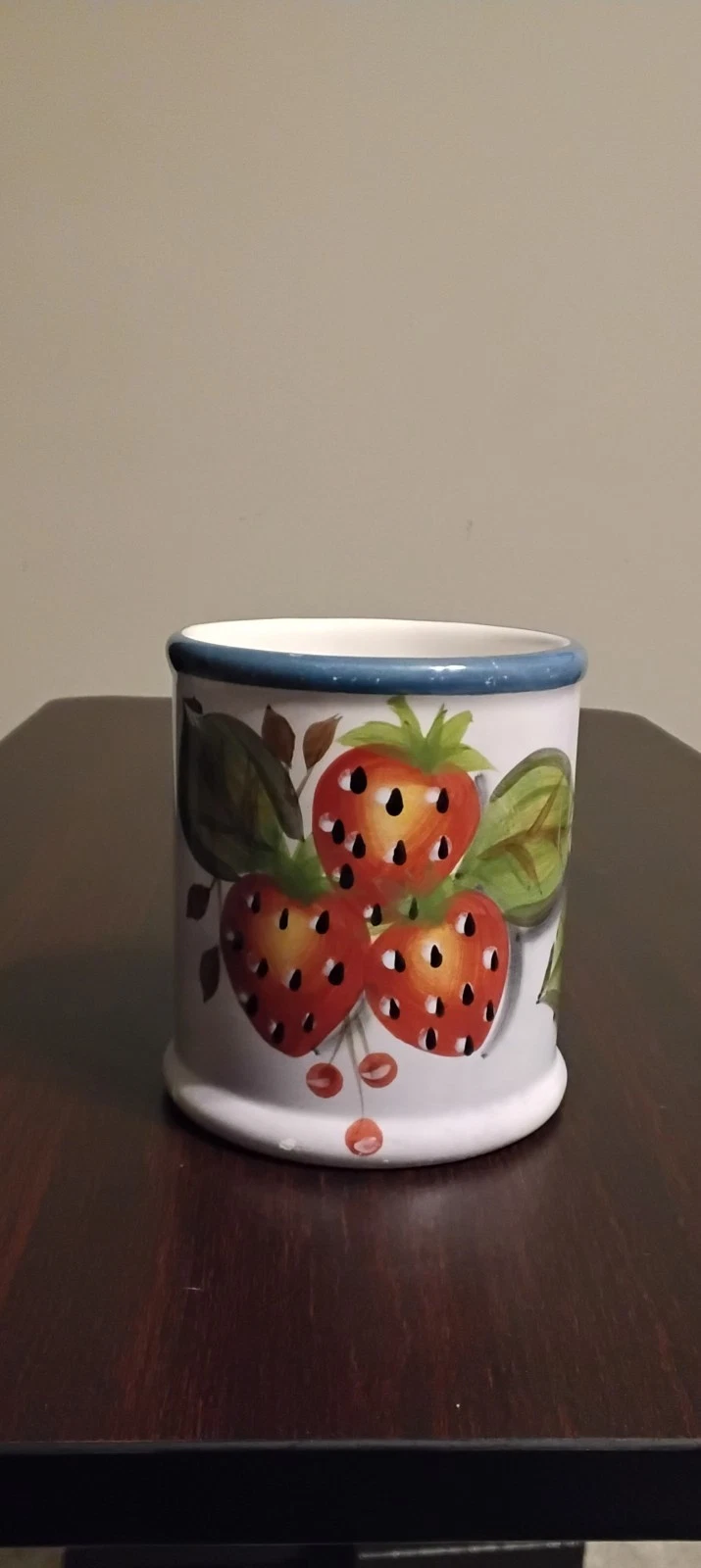 Hand Painted Ceramic Fruit Pattern Canister Jar, White Blue Rim, 16 oz 4.5 in