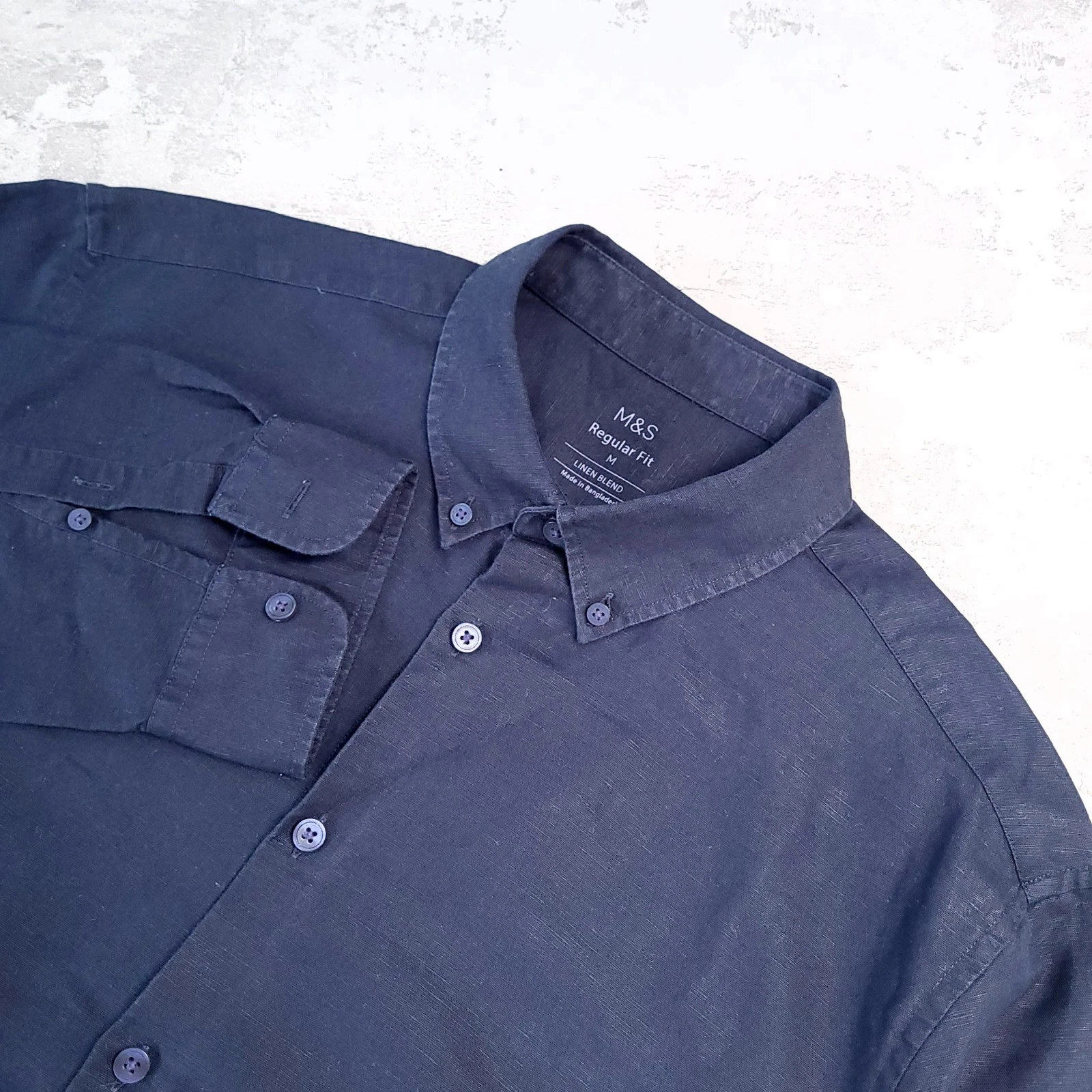 Marks & Spencer Linen Blend Shirt Mens Medium Regular Navy Button Down Collar