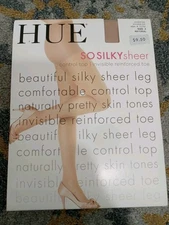 Hue So Silky Sheer  Nylons w/Control Top Pantyhose Sz 4,  U10762, Natural Tan