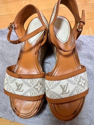 LOUIS VUITTON Wedge Sandals Espadrille Brown/Ivory Ankle