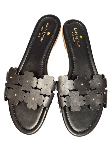NEW Kate Spade Women 9.5 "Daisy Field" Sandals ALL Leather Flowers Slip On Black - Picture 4 of 7