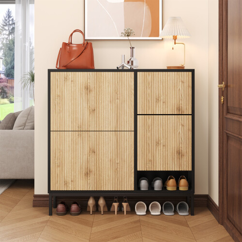 Schuhschrank mit Schuhwechselhocker, Schuhregal mit drei Klappen und offener Abl - Bild 14 von 24