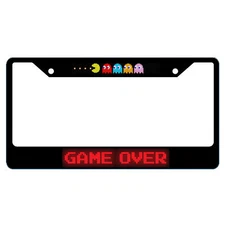 Pac-Man Ghosts & GAME OVER Acrylic Black Carbon Steel License Plate Frame 2-Hole