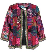 E-retro Sweater Womens Extra Large Red Geometric Pockets Open Blazer Cardigan