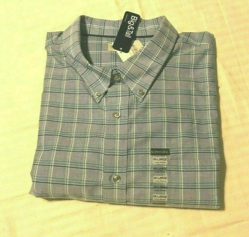 St John s Bay Men Big Tall Long Sleeve Button Front Plaid Shirt Blues 4XL