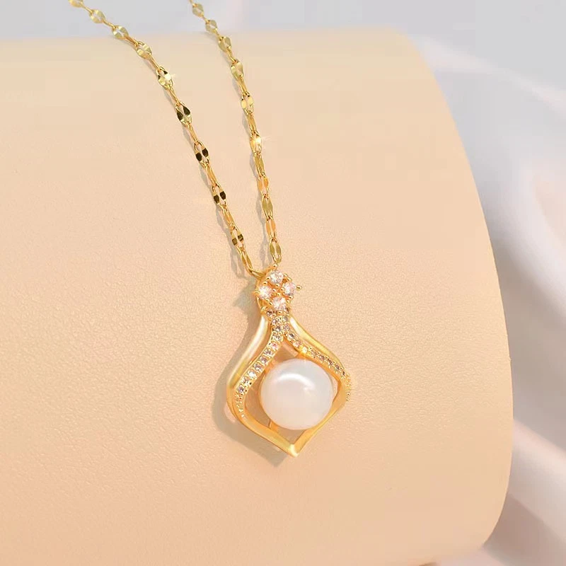 Damen Halskette Gold Silber 18 Karat vergoldter Edelstahl Luxus Halskette Perle - Bild 2 von 4