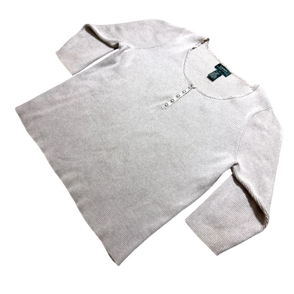 Suéter Lauren Ralph Lauren Para Mujer 1X Beige Acanalado Tejido Encaje-A Presión Henley Foto 2 de 4