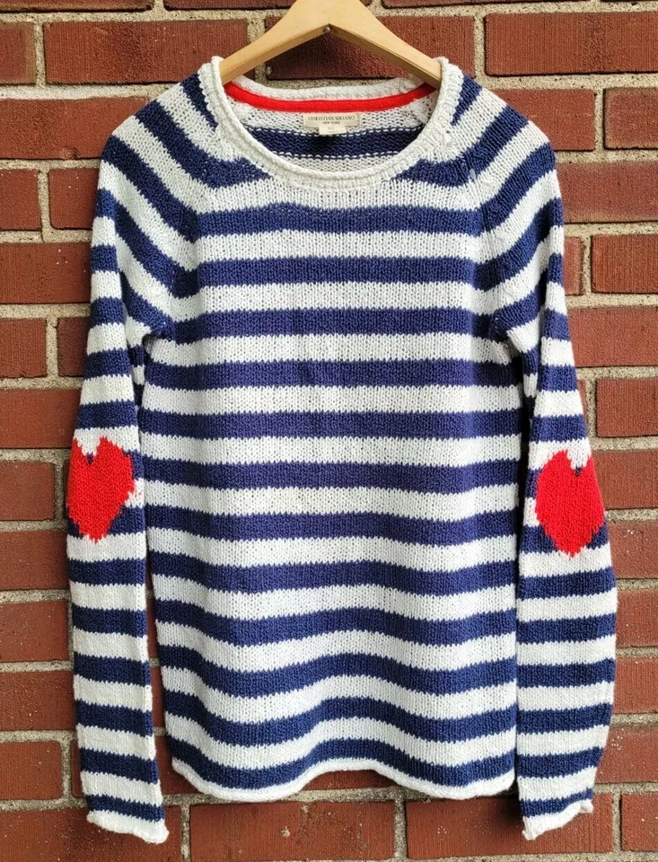 Suéter Christian Siriano Blanco Azul Rayado con Corazones Algodón Talla Pequeña  Foto 2 de 4