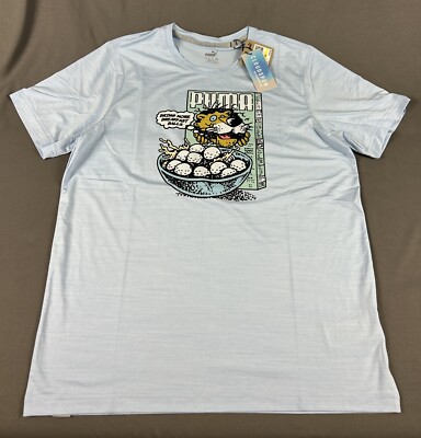 Puma Golf Shirt Tee T-Shirt Cloudspun Breakfast Ball Print Medium Blue MSRP $45