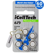 iCellTech Size 675 PR44 Zinc Air 1.45V Hearing Aid Batteries (60 Pack) +Keychain
