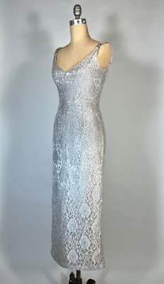 silver lace sheath dress Vintage 1990's SILVER lace sheath gown w/rhinestone details Jessica  McClintock 4