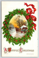 Christmas~Country Father Daughter in Holly Berry Wreath~Red Ribbon~White Back
