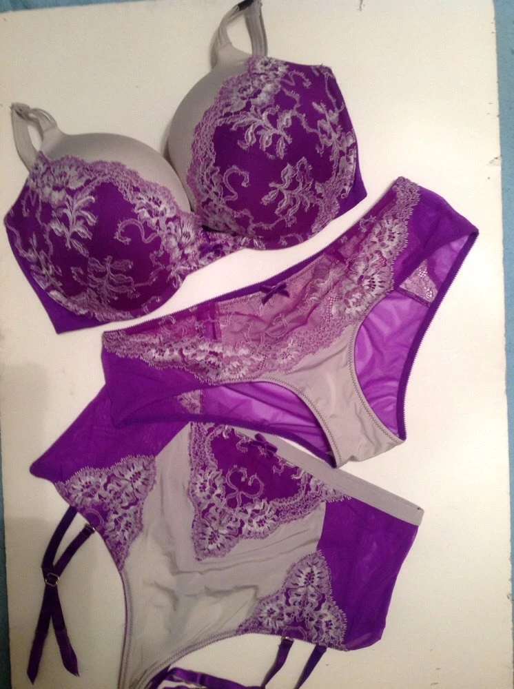 NWT Victoria's Secret Push Up Bra Panty Garter Stockings Set Neon Grape  32A,S