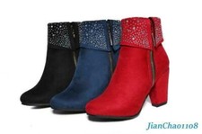 Women's Bling Bling Rhinestones Ankle Boots Faux Suede Block Heel Side Zip Shoes