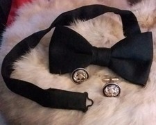Bow Tie Black Satin With Thistle Cuff. Links made in Scotland