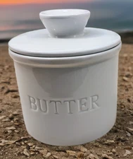 Simple White Porcelain Butter Keeper  / Jar / Butter Bell Embossed BUTTER
