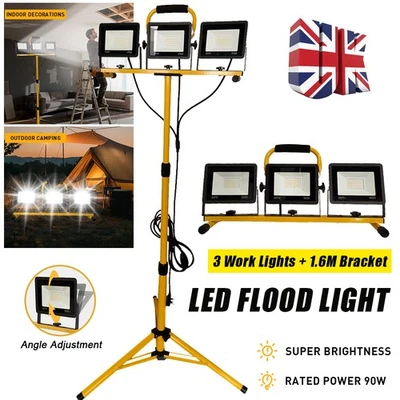 Adjustable 3 Heads LED Flood Lights Tripod Stand Camp Work Site Emergency Lamp