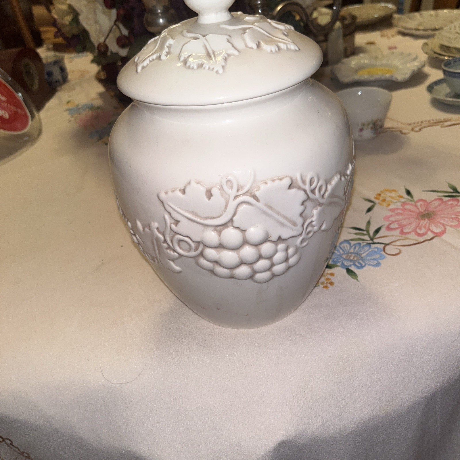 Vintage Ceramic White Stonelite China Cookie Jar With Ivy Design By Inspirado