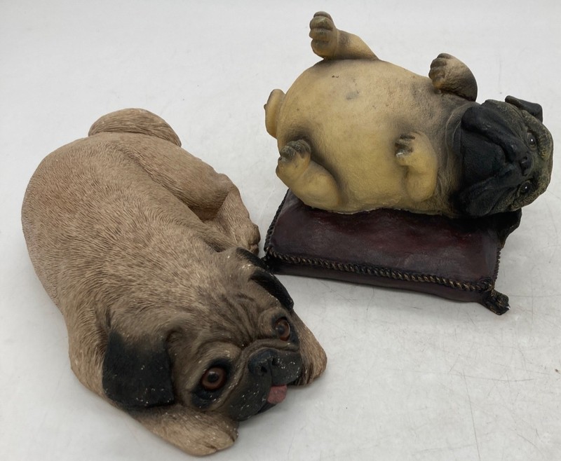 Sandicast 1982 Sleeping & Playful Pug Dog Figurines By Sandra Brue Hand-Painted