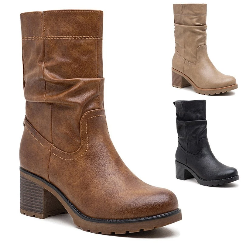 LOUD LOOK SALE SIZE 3+ 4 Womens Rouched Ankle Boots Ladies Mid Calf Comfort Mid Heel