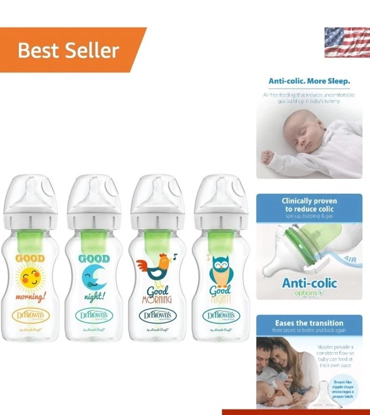 Dr. Brown's 9 oz Anti-Colic Baby Bottles, Level 1 Nipple, Good Morning/Night Set