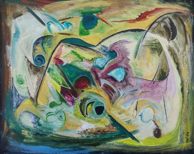 Original Acryl Abstraktes Gemälde auf Karton Grün Gelb 45x56,5cm Groß Gerahmt