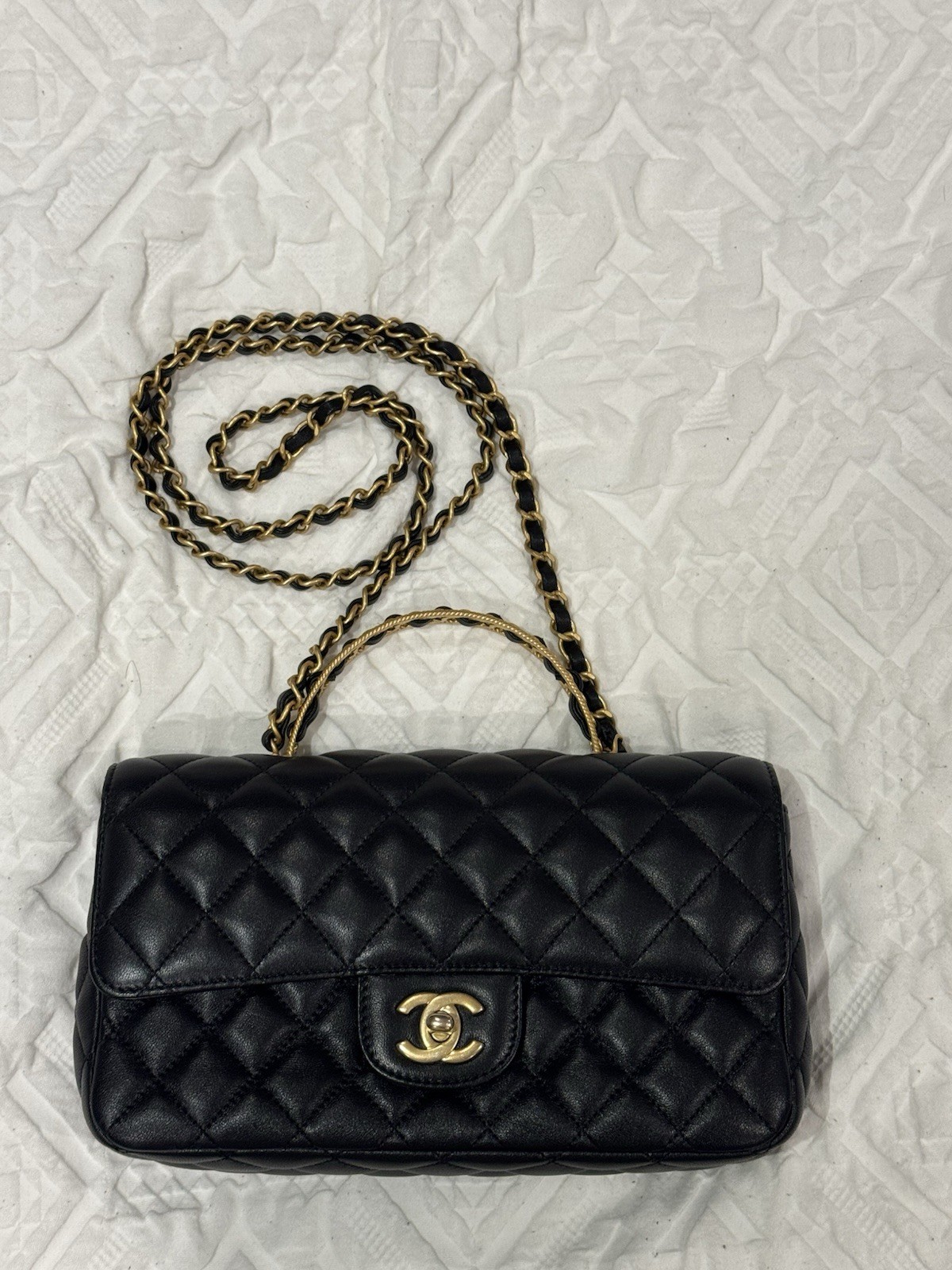 Chanel Mini Rectangular Lambskin Top Handle Flap Handbag Lamb Skin