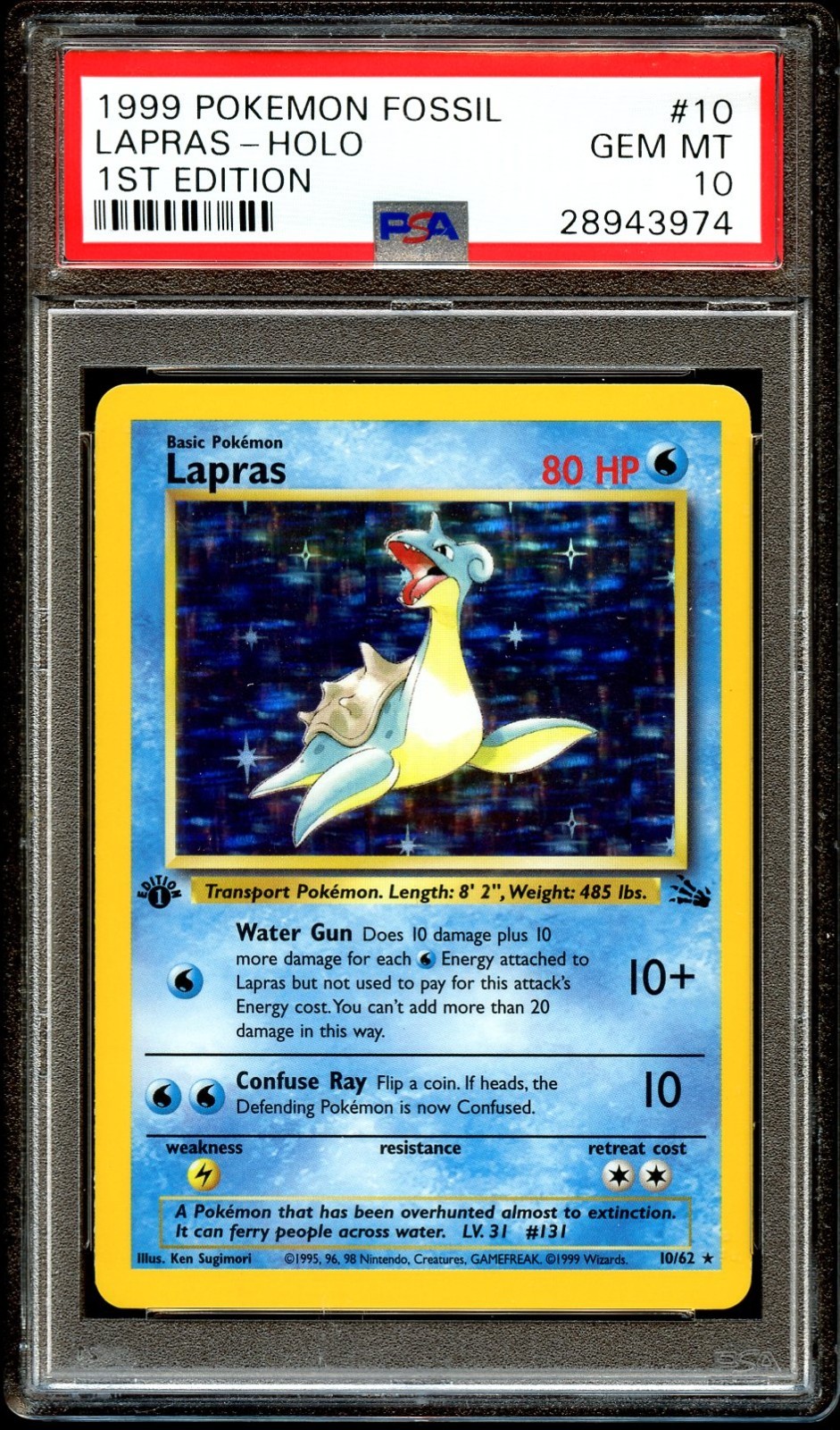 PSA 10 GEM MINT Lapras 10/62 HOLO RARE Fossil 1ST EDITION Pokemon Card