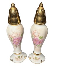 Vtg Hand Painted Japan Porcelain Salt Pepper Shakers Pink Flowers Gold Trim Chic