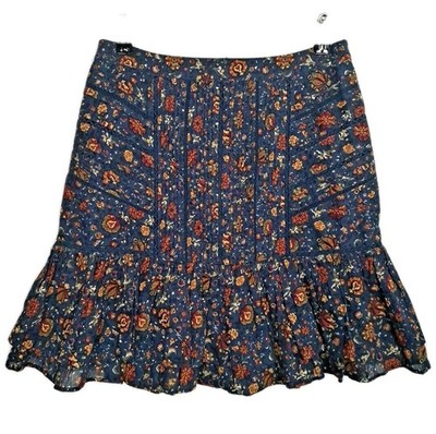 Veronica Beard Harita Skirt Womens 4 Navy Blue Floral Cotton Pleated Ruffled Hem