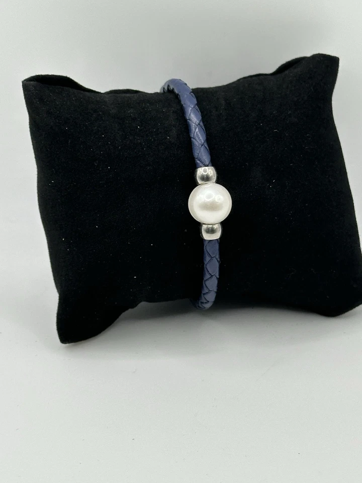 Brazalete Brazalete Ajustable Blanco Perla Cultivada Azul Marino Cuero Imitación Foto 2 de 2