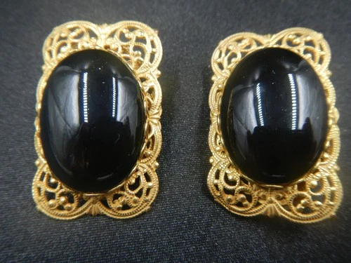 Miriam Haskell Gold Filagree Earrings with Black Stones