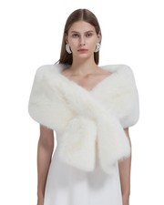 Womens Faux Fur Wrap Cross Shawl For Winter Evening Party Cape White