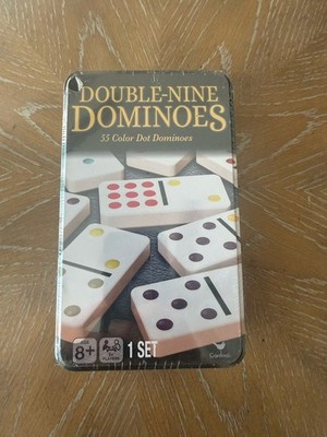 NEW! Double-Nine Dominoes | Set of 55 Color Dot Dominoes Game | Tin Storage Bin