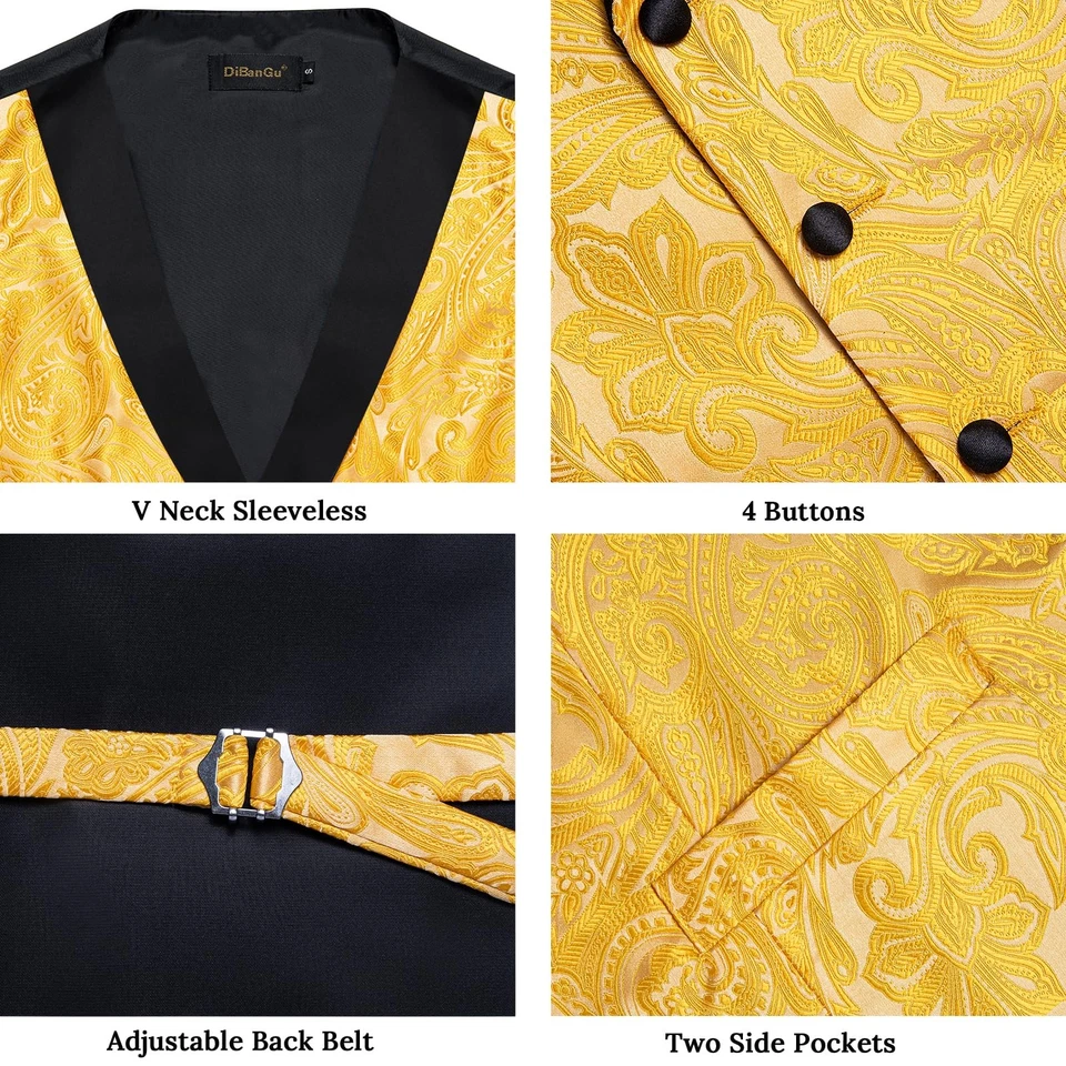 Conjunto de pajarita chaleco amarillo brillante para hombre chaleco de seda cachemira y pajarita bolsillo S... Foto 3 de 4