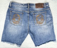 Billionaire Boys Club BBC Denim Shorts 38 Distressed Astronaut Logo Raw Hem