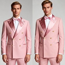 Business Double Breasted Men Suits Slim Fit Peak Lapel Formal Prom Groom Tuxedo