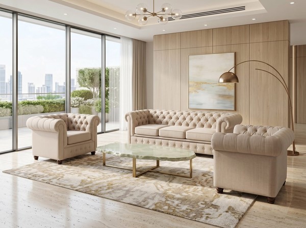 Beiges Klassisches Wohnzimmer-Set 3+1+1-Sitzer-Sofas Gestepptes Chesterfield-image