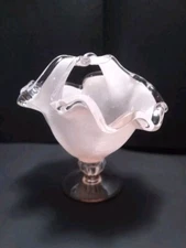 Vintage Italy Handblown Art Glass Basket Light Pink Double Handle Candy  Dish