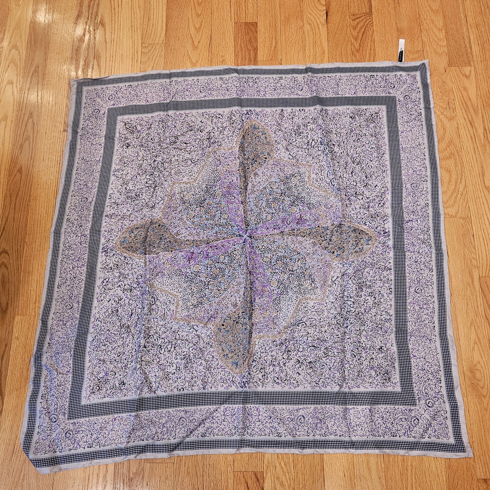 TALBOTS Silk Scarf Purple/Tan/Blue Approx 34” Square
