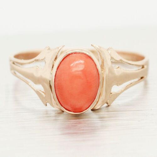 Antique Art Nouveau Angel Skin Coral Solitaire Ring - 14k Yellow Gold Size 8.75 - Afbeelding 1 van 4
