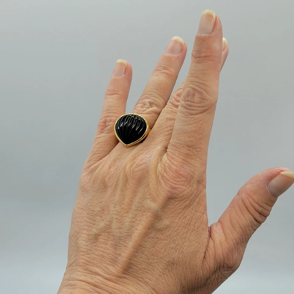 Anillo ESPO 14K GE Oro Electroplaca ESPOSITO Vidrio Negro Moldeado Talla 8 De Colección Foto 3 de 4