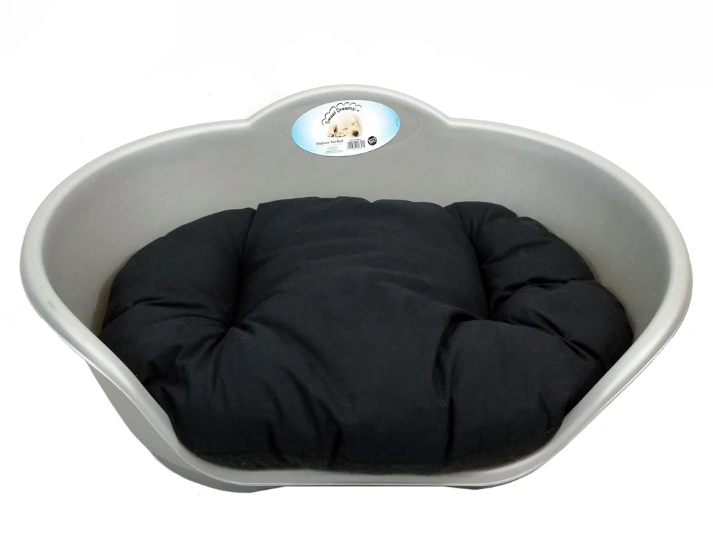 MEDIUM Plastic SILVER / GREY With BLACK Cushion Pet Bed Dog Cat Sleep Basket