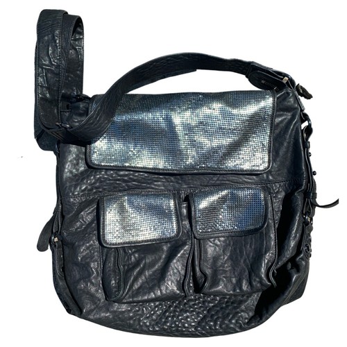 Badgley Mischka Black Leather Hobo Messenger Large Sequin Shoulder Bag Purse - Picture 1 of 11