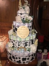 Diaper Cake Cow Theme Western White Baby Shower Gift Bib Socks Teether More