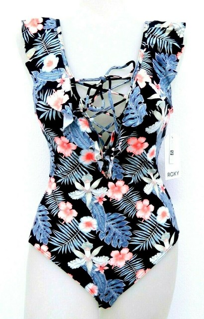 floral ruffle lace up bikini